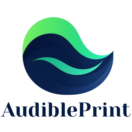 Logo for AudiblePrint service: a circular design in shades of blue and green, featuring multicolored waves symbolizing sound waves, with a subtle representation of a speaking mouth.